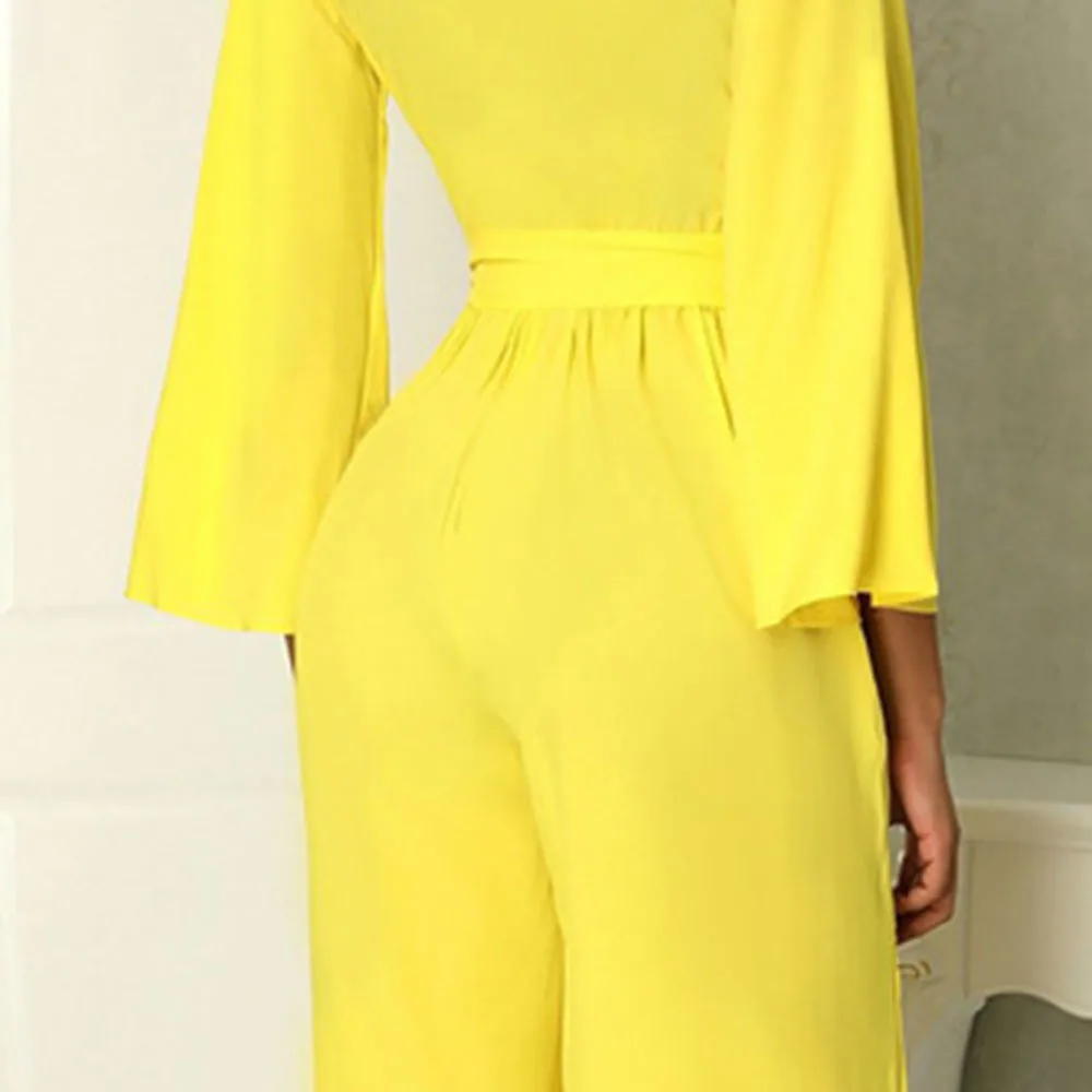 

New 2021 Autumn Women's Jumpsuit Fashion Loose Casual Solid Color Deep V-neck High Waist Long Sleeve Temperament Commute