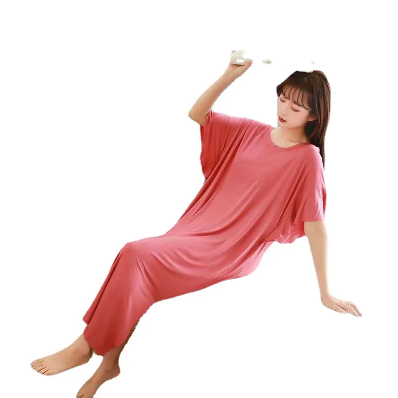 Spring Summer Women's Nightdress Large Size Modal Round Neck Short Sleeve Nightgown Casual Home Solid Color Long Skirt Sleepwear