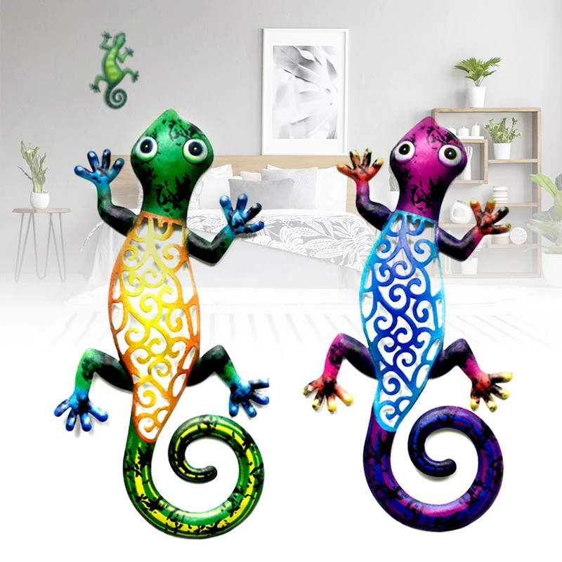 

2 PCS Metal Country Gecko Wall Decor Colorful Decorative Hanging Ornament Art Pendant for Bar Cafe Door 31*15CM DRSA889