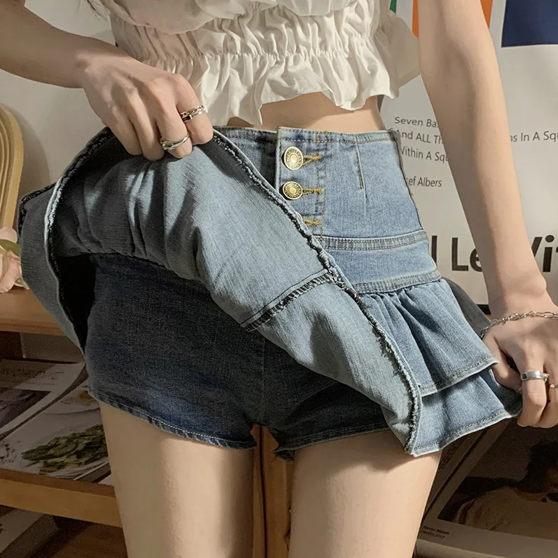 

2021 New Summer Hot Girl Double Leaf Puffy Denim High Waist Thinning Short Pants Skirt Suitable for 18 to 35 Years Old Women