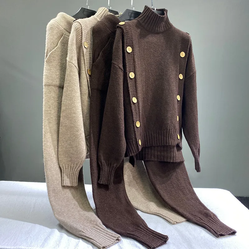 

Женский трикотажный спортивный костюм, свитер с воротником-хомутом на пуговицах и шаровары на шнурках, зимняя одежда для бега, A241, 2 шт.