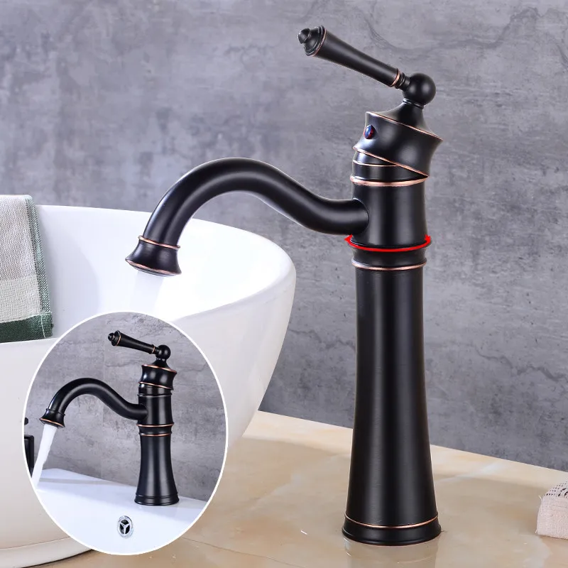 

Basin Faucets Black Brass Deck Mounted Bathroom Sink Faucet High Arch Single Handle Hole Bathbasin Mixer Hot Cold Water Tap