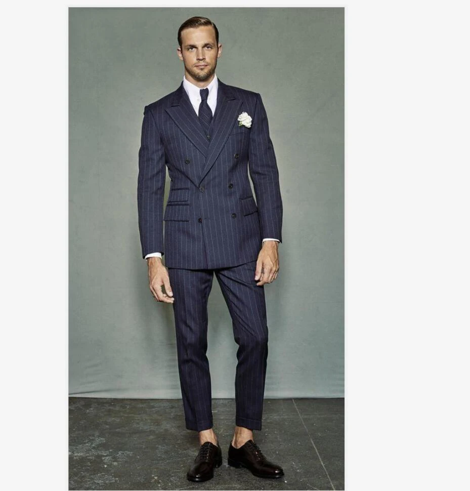 Мужские костюмы темно-синего цвета в полоску из 2 предметов свадебные с