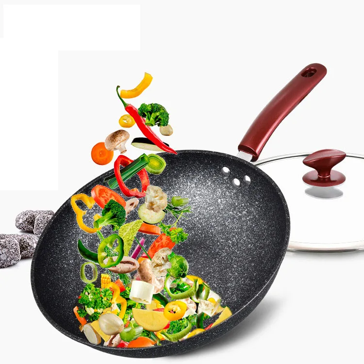 Non-stick Frying Pans Medical Stone Fine Iron Wok Without Oil Smoke Frying Pan Wok Kitchen Cookware Use for Gas Induction Cooker