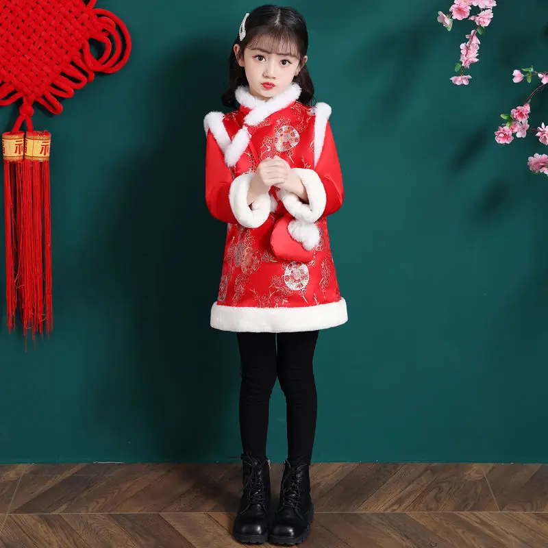 

Children Girl Winter Chinese New Year Clothes Traditional Embroidery Cheongsam Tang Suit Stage Party Festival Oriental Hanfu