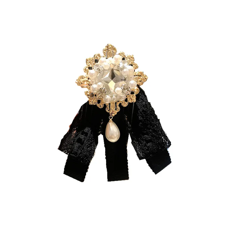 

Korean Balck Lace Ribbon Bow Tie Brooch Rhinestone Pearl Necktie Pin and Brooches Shirt Dress Luxury Clothing Women Accessories