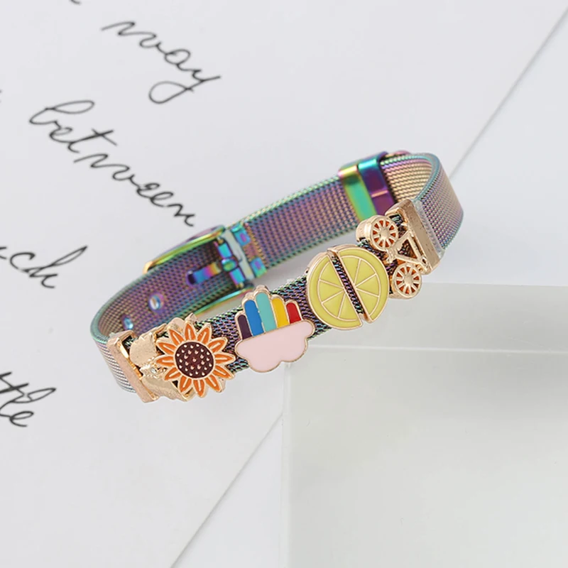 

BAOPON Fruit Series Charm Lemon Bicycle Slide Beads 10mm Stainless Steel Mesh Bracelets Bangles For Women Fashion Jewelry Gift