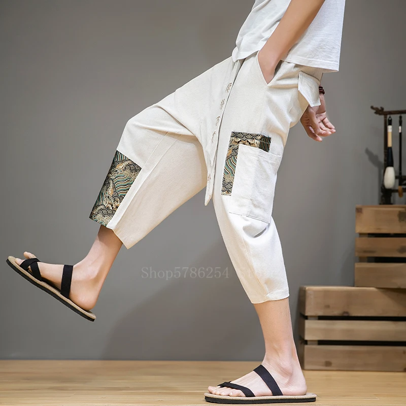 Брюки мужские хлопково льняные с вышивкой модные широкие штаны в японском стиле