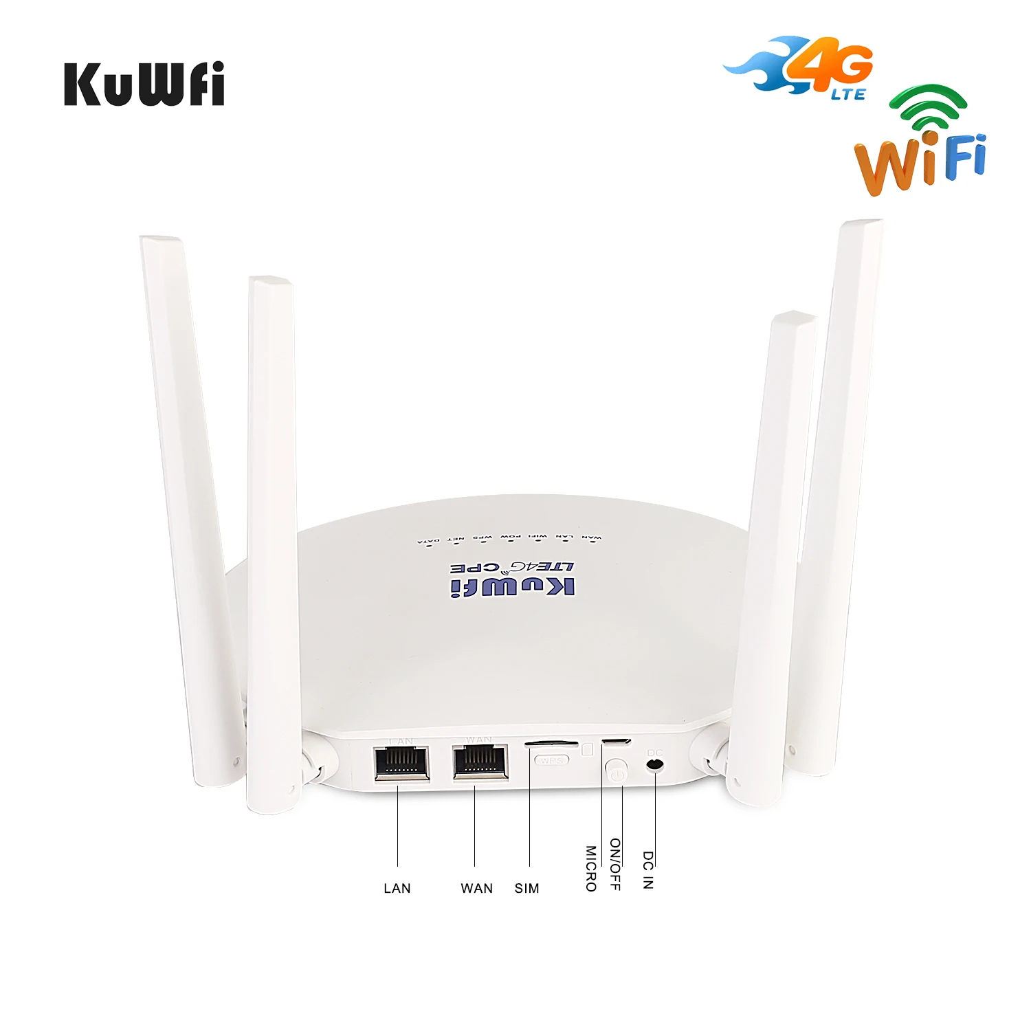 KuWFi 4G LTE Wifi Router 300 Мбит / с 3G / 4G Беспроводной CPE-маршрутизатор с поддержкой слотов для SIM-карт 4G в LAN с 4шт антеннами до 32 пользователей