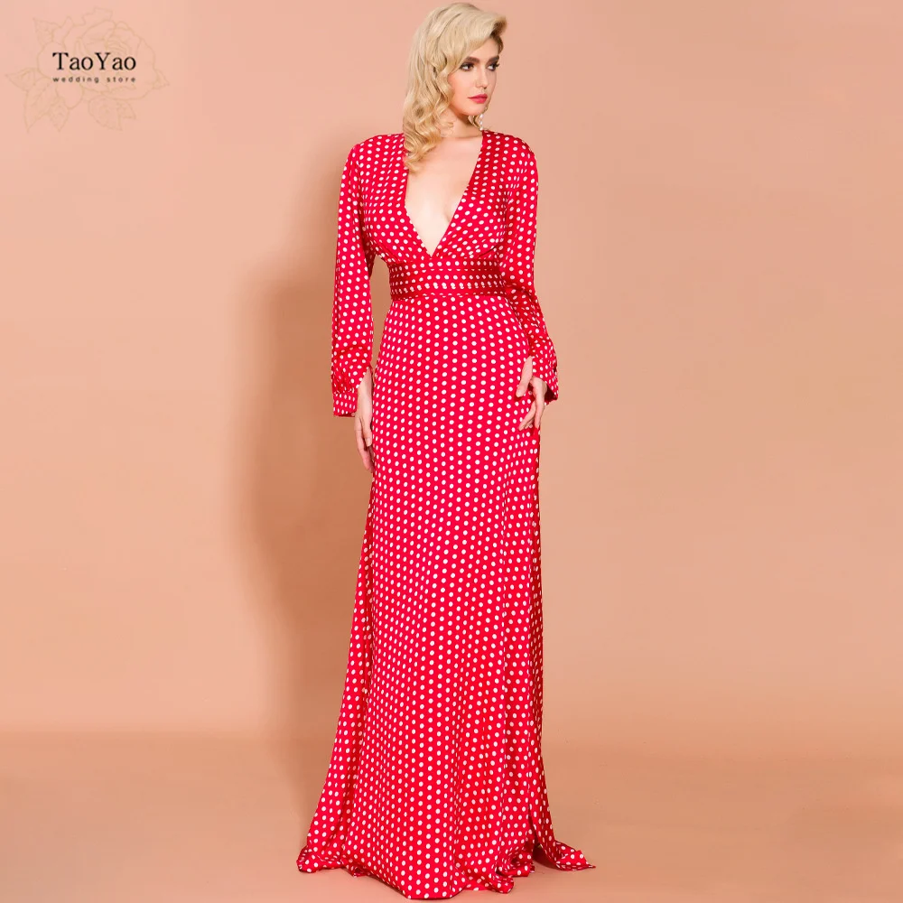 

Платье вечернее в горошек, с длинным рукавом и V-образным вырезом