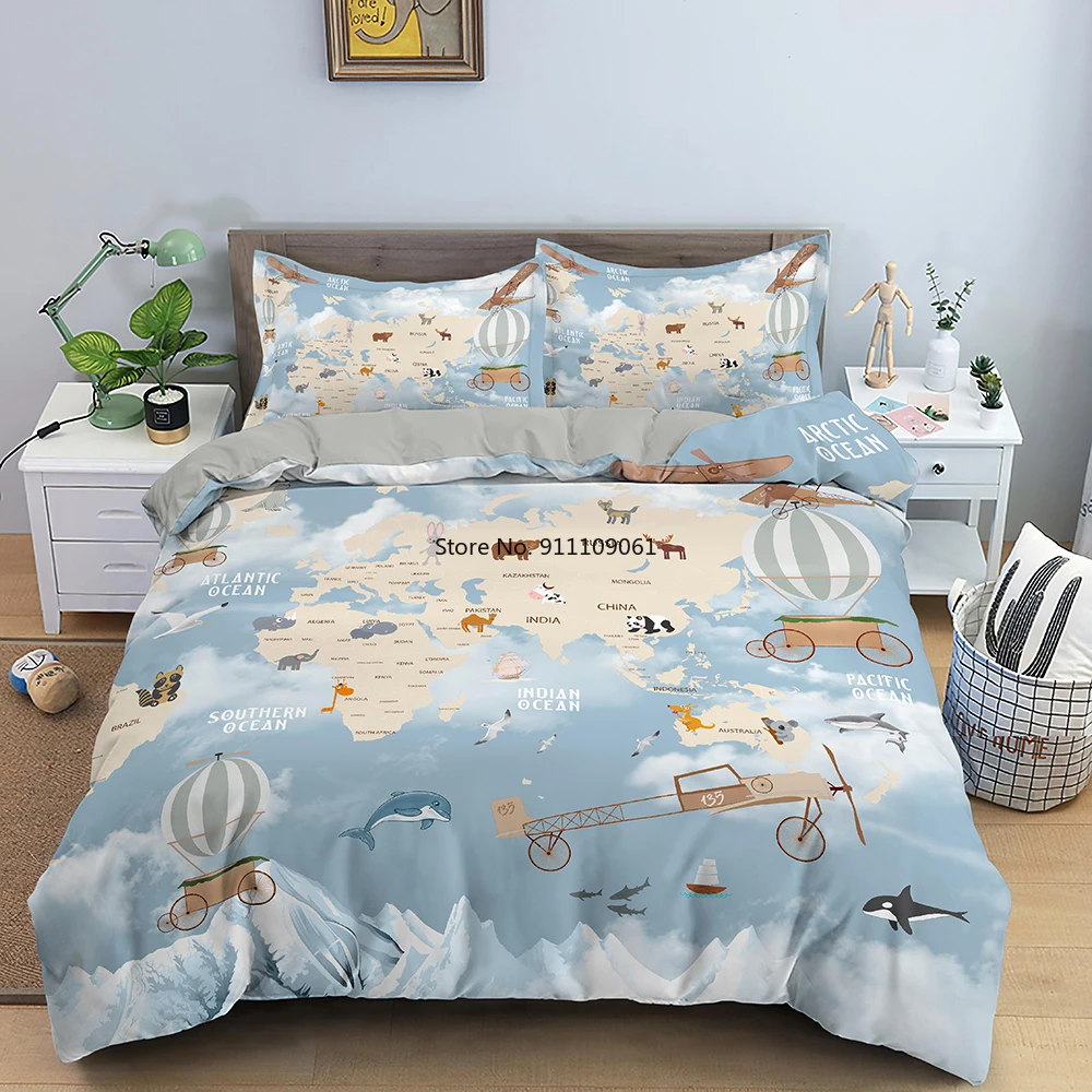 

3D World Map Bedding Set Microfiber Comforter Cover 2/3Pcs Blue Quilt Cover Set for Kids Teens Comforter Bedding Duvet Cover Set