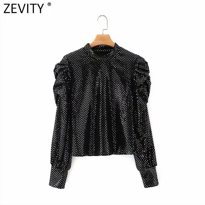 

Zevity Women Fashion Stand Collar Sequined Casual Velvet Smock Blouse Lady Pleated Puff Sleeve Blusas Female Shirts Tops LS7571