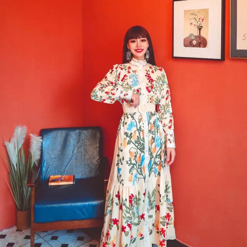 

XUXI Women Stand-up Collar Lantern Long-sleeved Printed Dress Single-breasted Skirt Over the knee Spring Autumn 2021 E1407