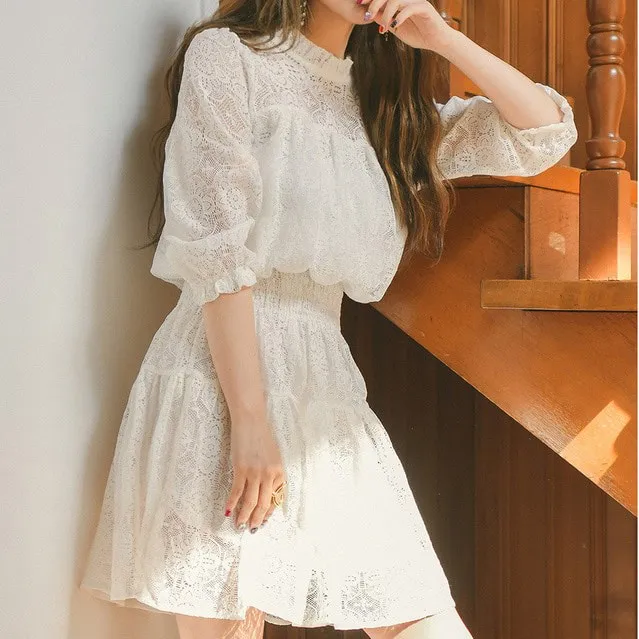 Женское кружевное платье трапециевидной формы элегантное белое/черное в