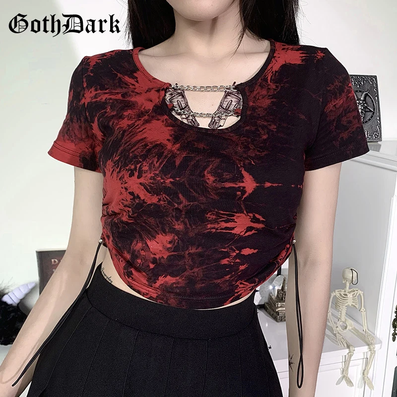 

Goth Dark Gothic Blood Sexy Bodycon Tie Dye Women Summer Crop Top Tee Harajuku Bandage Hollow Out Chain T-shirts For Female 2021
