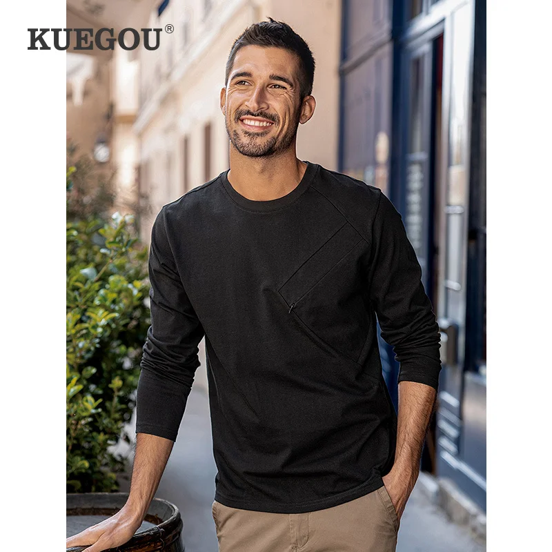 

KUEGOU 2022 Spring 100% Cotton Black Zipper T Shirt Men Slim Tshirt Brand Long Sleeve T-Shirt Male Wear Plus Size Tee Tops 60001