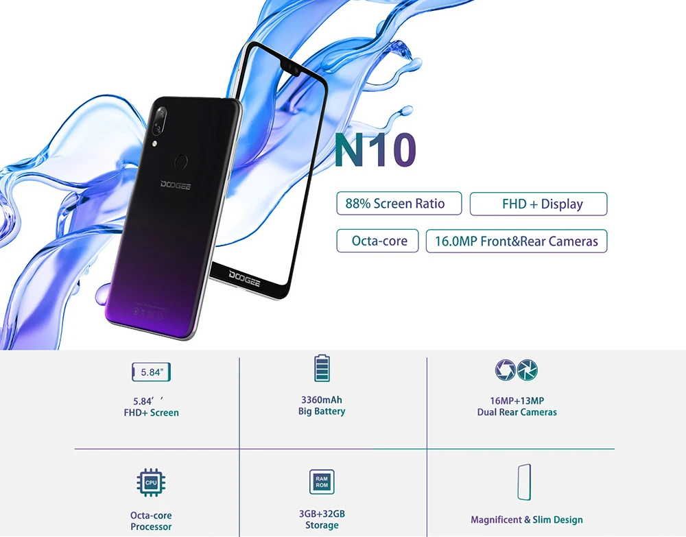 DOOGEE N10 мобильный телефон 19:9 дисплей 16 МП фронтальная камера Восьмиядерный Dual SIM 3 ГБ 32 ГБ 5,84 ''FHD+ 3360 мАч Android 8,1 4G LTE телефон