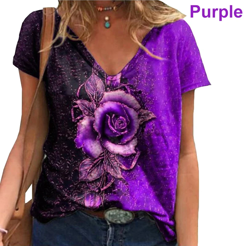 

Women Street Fashion T-shirt Floral Rose Printed V Neck Short Sleeve Shirt Top Female Hipster Plus Size Loose Pullover Streewear