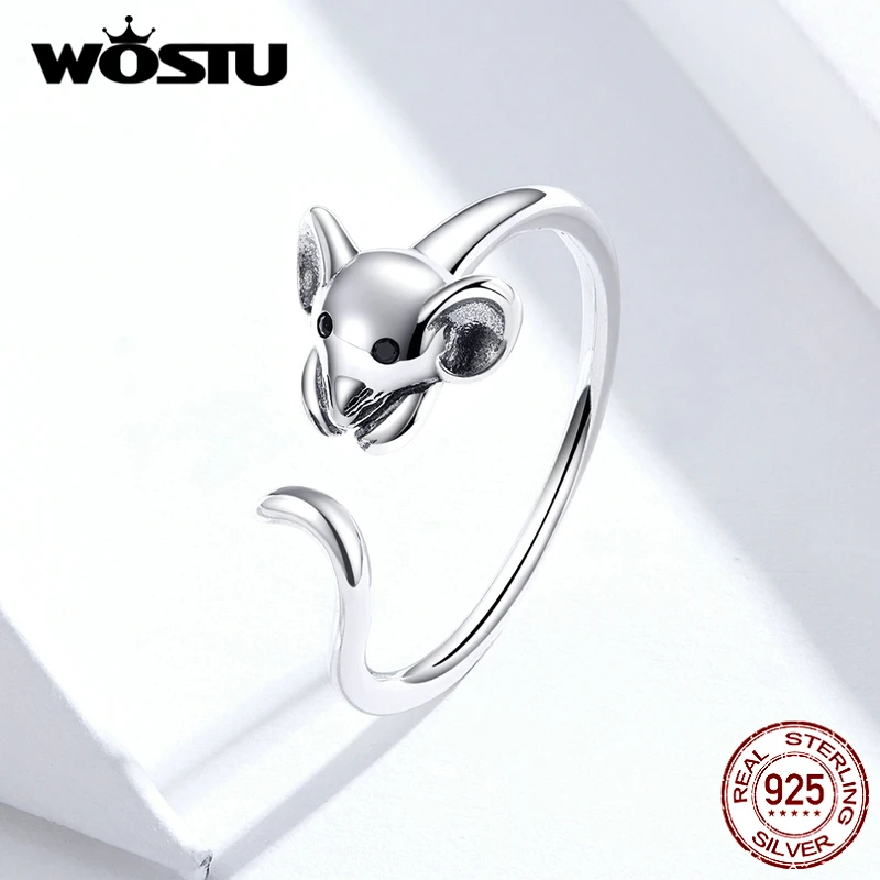 WOSTU 925 пробы Серебряный Длинный хвост мышь открытые Регулируемые кольца вечерние