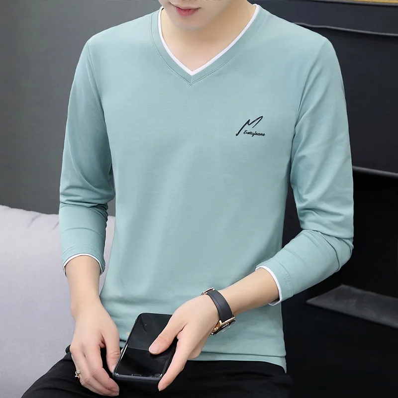 

2021 Spring and Autumn New Cotton Korean Version of The V-neck Men's Long-sleeved T-shirt Bottoming Shirt Trendy Men's T-shirt