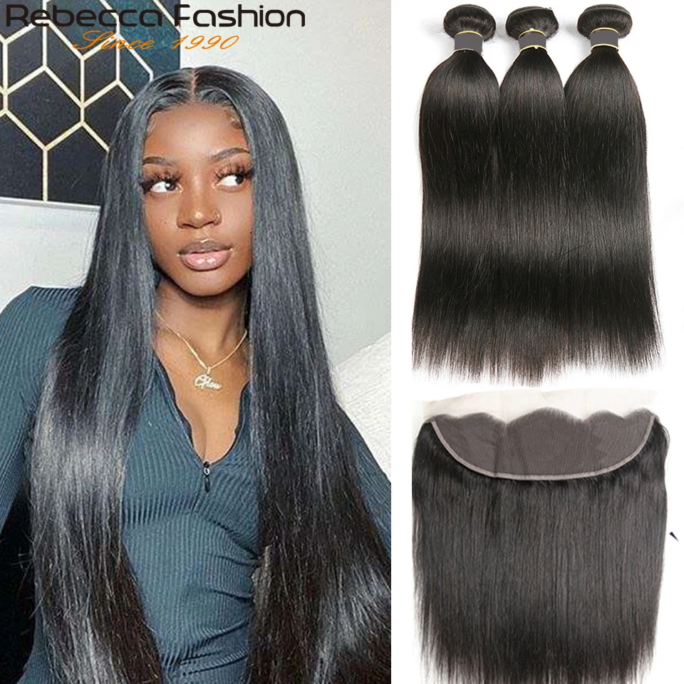 

Rebecca Straight Hair Lace Frontal With Bundles Remy Malaysian Human Hair With Lace Frontal 3 Bundles With Frontal
