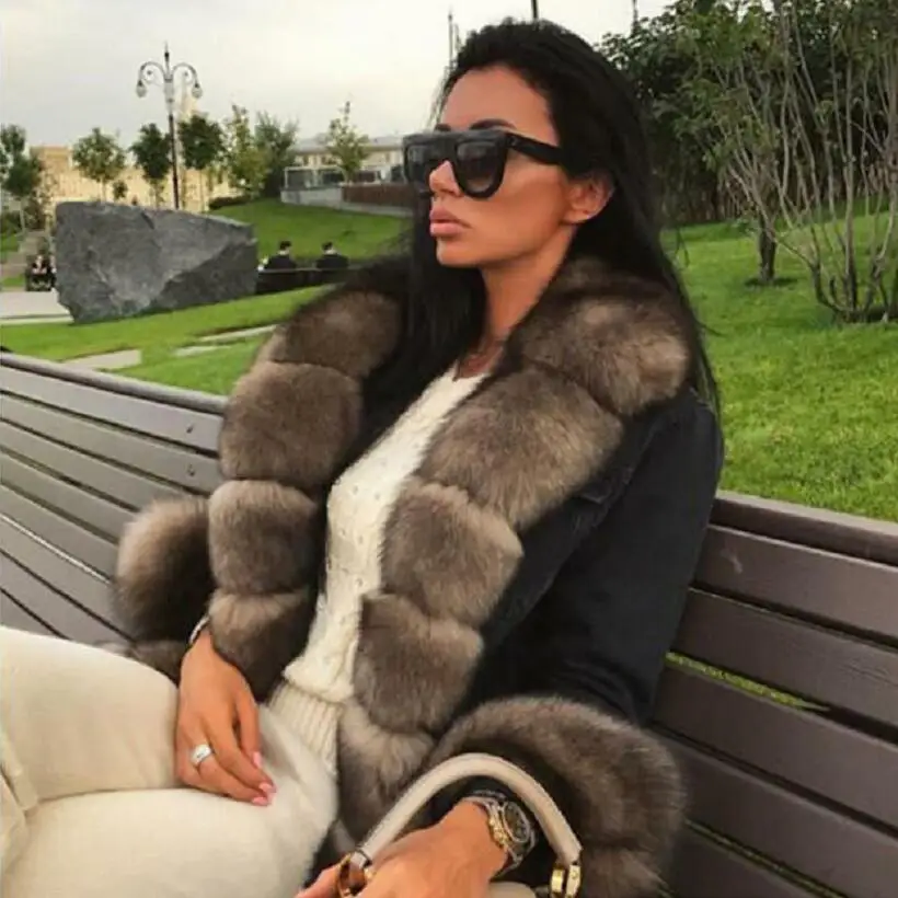 

ladies explosion models new natural fox fur denim jacket casual warm fashion European and American street style