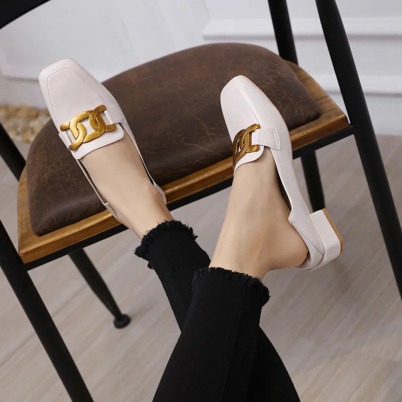 

2021 Women Genuine Leather Flats Chunky Heels Loafers Metal Decor Round Toe Skid Proof Shallow Spring Casual Shoes