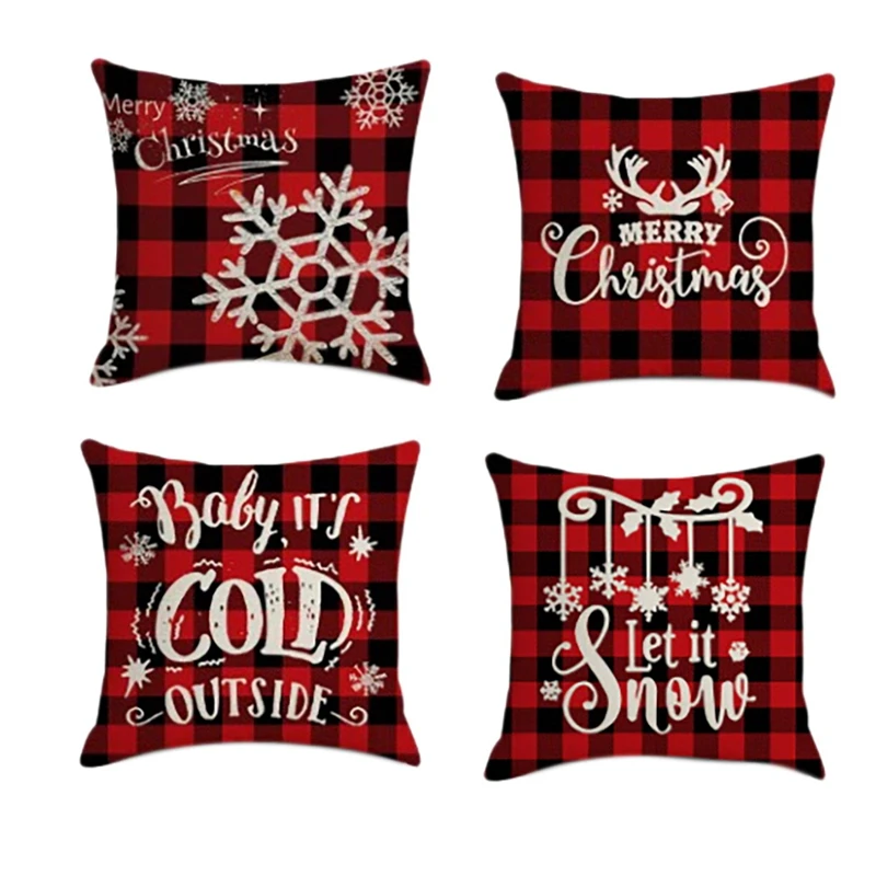 

4Pcs Christmas Cozy Pillowcase Santa Square Home Decor Linen Pillow Cases Cushion Covers for Sofa Car Gift 45X45cm A