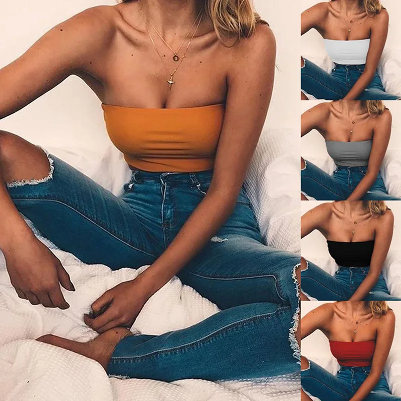 

Sexy Strapless Off Shoulder Crop Tube Top Womens Solid Color Stretchy Bandeau Seamless Casual Basic Breast Wrap No-Padded Bra