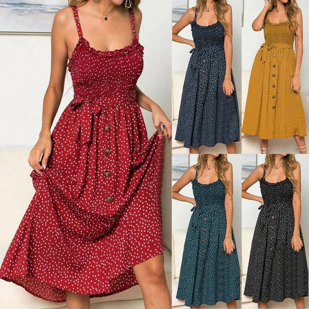 

Newest Women Summer Ruffles Polkas Dot Dress Ladies Beach Casual Sleeveless Midi Sundress