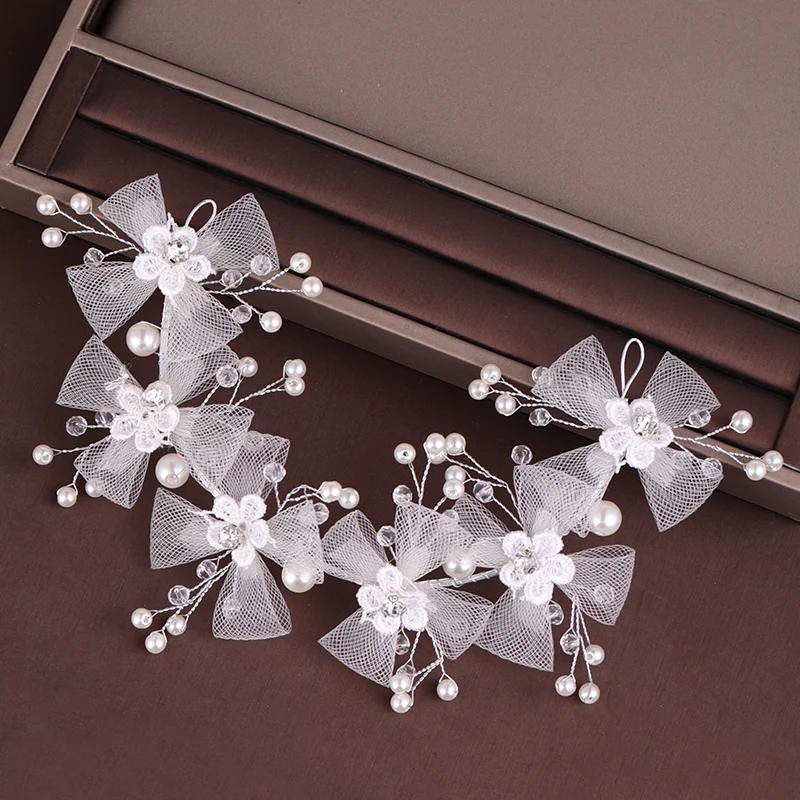 Wedding Hair Accessories White Yarn Flower Headbands Pearl Handmade Tiara Hairband Headdress Bridal Headpiece