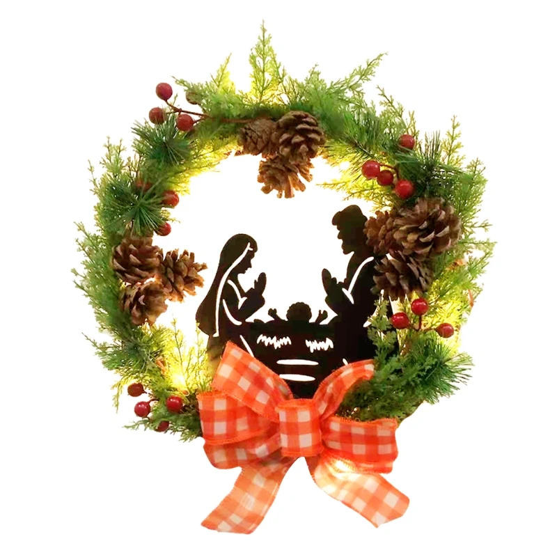 

Christmas Door Wreath with LED Lighted Nativity Scene Battery Operated Artificial Pinecones Bowknot Garland Decoration