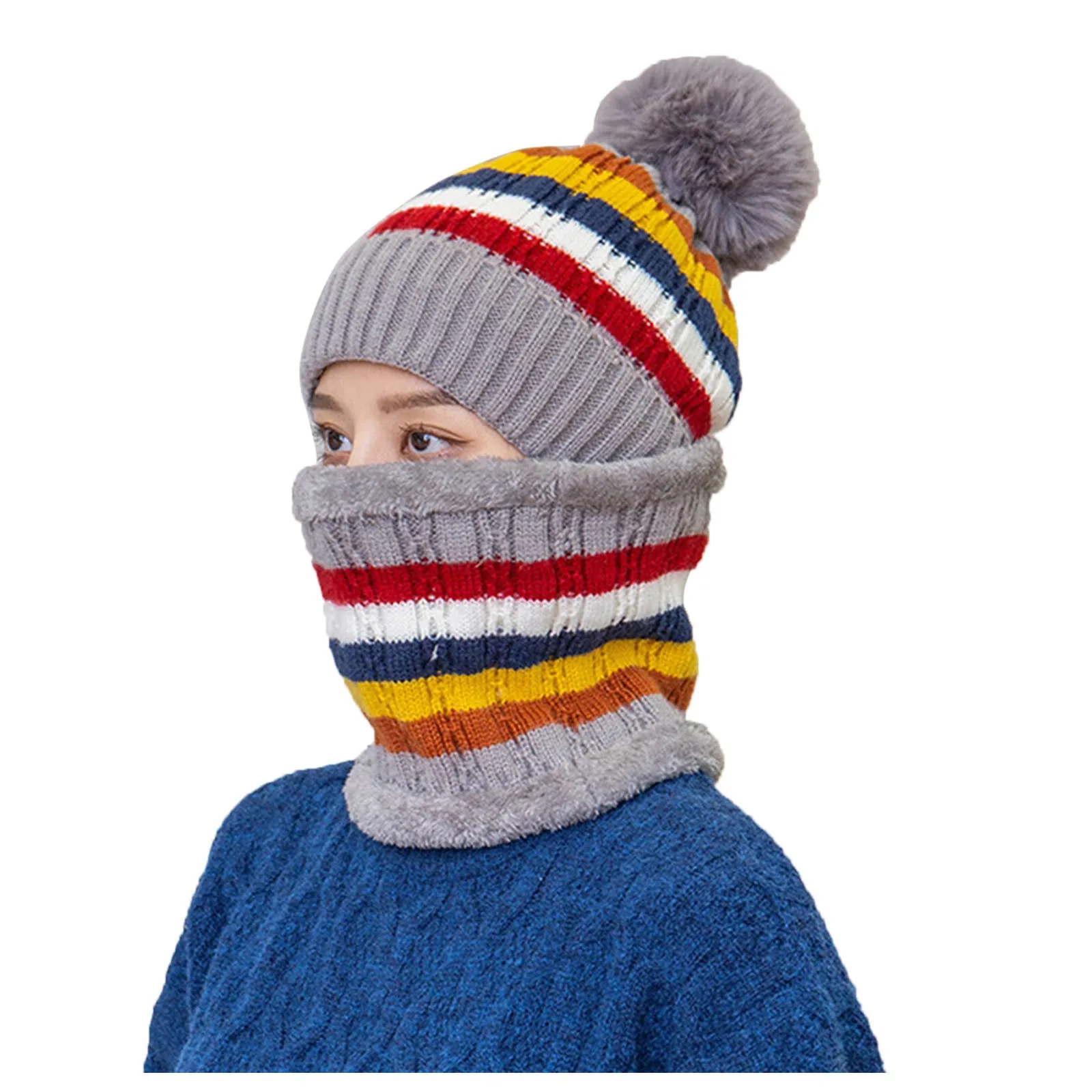 

Balaclava Women'S Knitted Hat Scarf Caps Neck Warmer Winter Hats For Men Women Beanies Warm Fleece Cap Rainbow Color #YL5