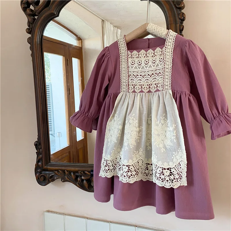 

2021 Spring Children's Clothes Girls Dream Purple Fake Two Piece Long Sleeve Embroidered Lace Princess Dress