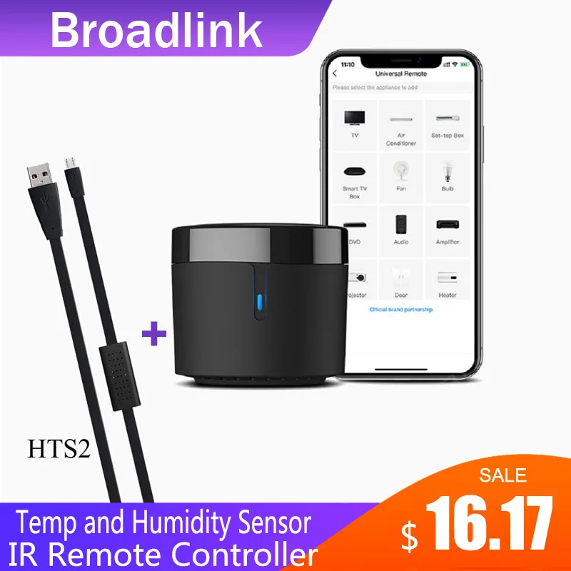 Пульт дистанционного управления Broadlink RM4mini/RM4C для ТВ-приставки с Wi-Fi, датчиком температуры и влажности, HTS2 Alexa