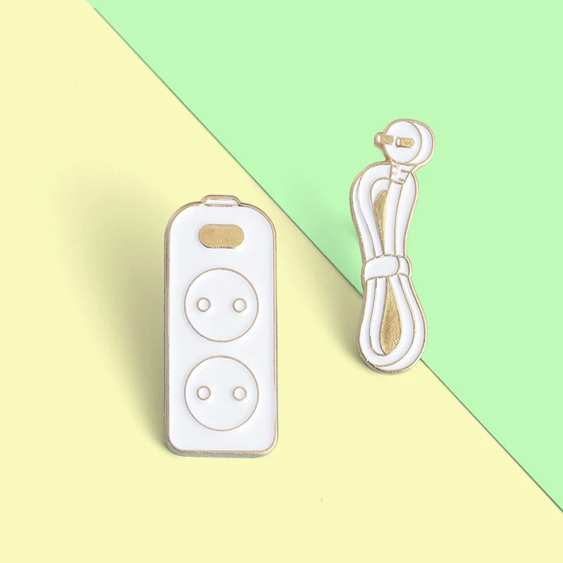 

Socket and Wire Enamel Lapel Pins Funny Cartoon White Brooches Badges Backpack Accessories Gift for Friend Custom Jewelry