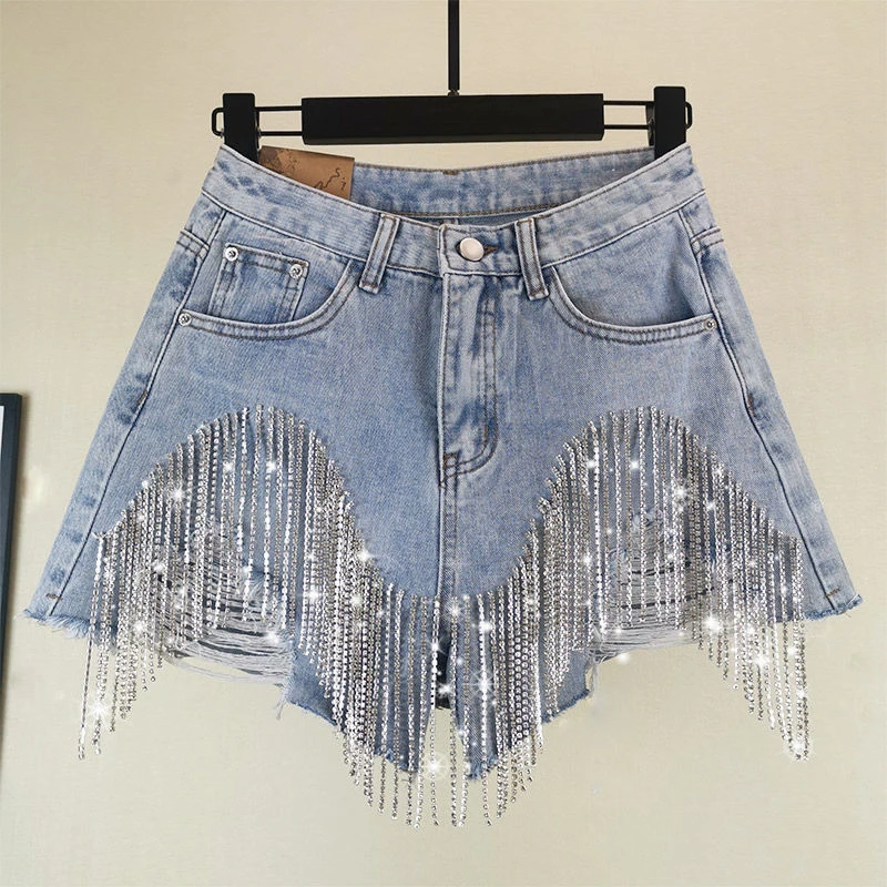

2021 Summer European style shorts women's fashion high waist jeans shorts high quality diamond tassel denim