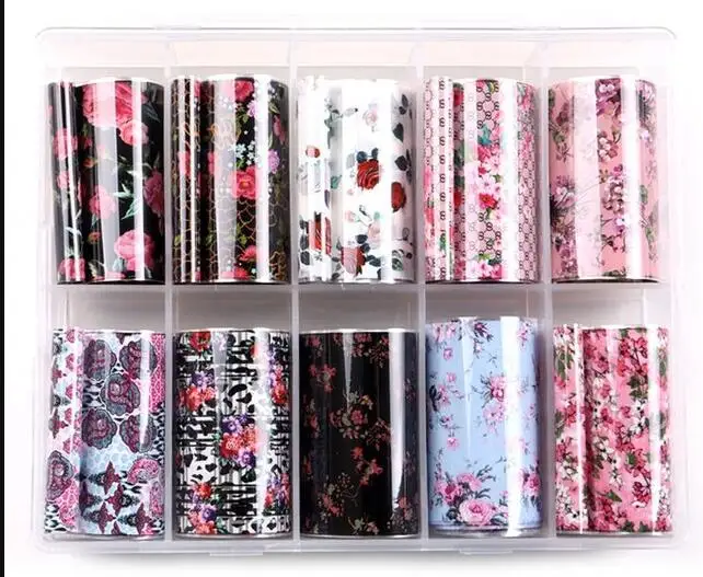 

10Design/set Holographic Nail Art Transfer Foil Stickers Paper Starry Colorful Flowers UV Gel Wraps Nail Adhesive Decals 4*100cm
