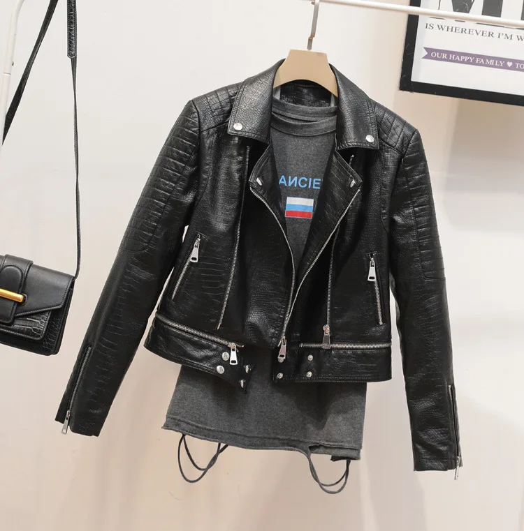 

Faux Leather Jacket Women Detachable Hem 2021 Sping AutumnNew Short Locomotive Crocodile Skin Texture Biker Coat