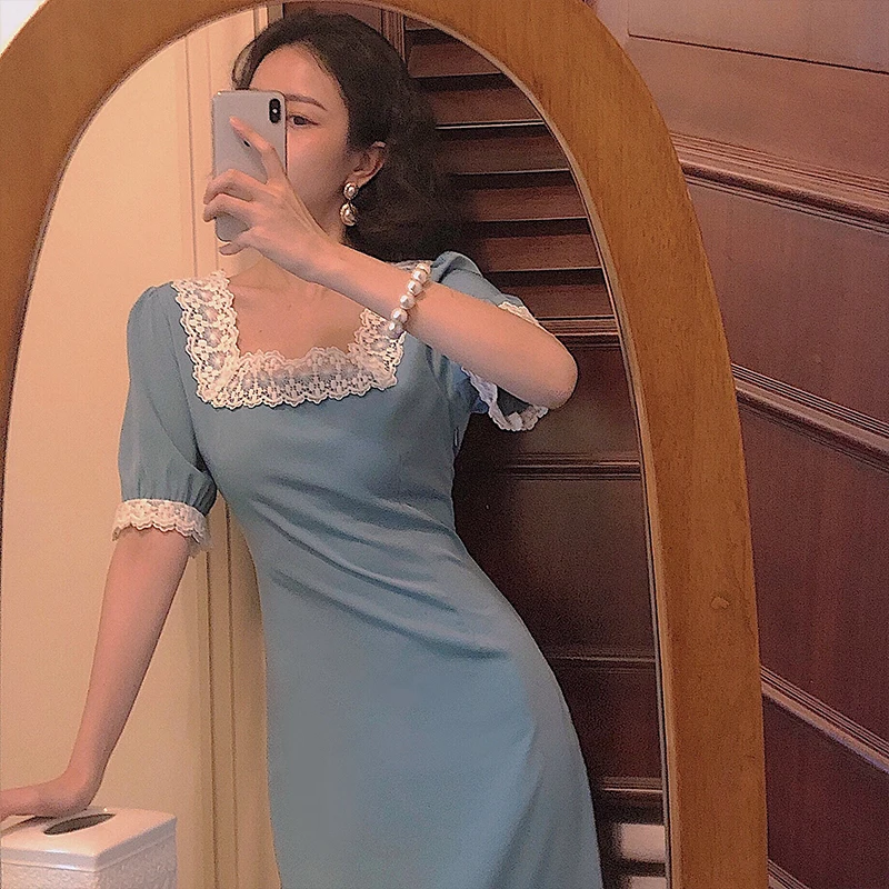 

Женское кружевное платье средней длины, однотонное шифоновое платье средней длины с квадратным вырезом и рукавом-фонариком, лето 2020