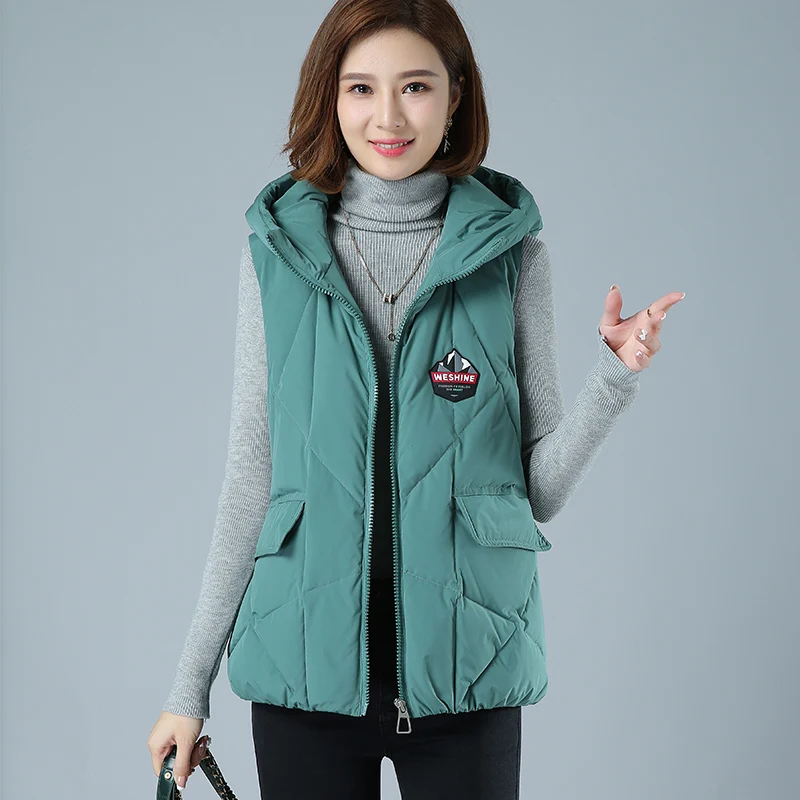 Autumn Winter Women Vest hoodied Pockets Fashion Warm Down Jacket Warm Sleeveless Woman Snowwear Casual