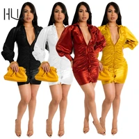 2022 long sleeve nightclub sexy button up dress solid v neck low cut ruffles mini party dresses bodycon ruched shoet vestidos