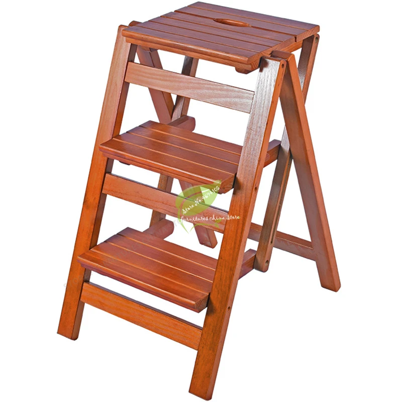 Iron Bar Chair Durable Household Multi Function Step Ladder Stool Foldable Solid Wood Three Indoor Climbing Wooden Modern Style |