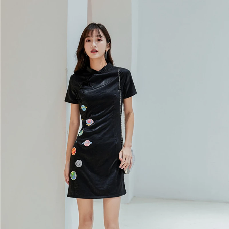 

Y2K Velvet Dress Women Chinese Style Cheongsam Planet Embroidery Short Sleeve Elegant Vintage Party Dress Summer Personality