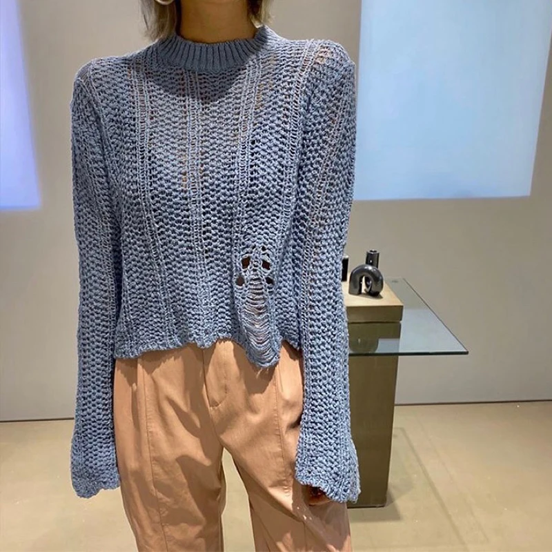 

HiloRill Solid Knitted Blouse Women O Neck See Through Sexy Shirt Holes Flare Long Sleeve Tops Ladies 2021 Spring Vetement Femme