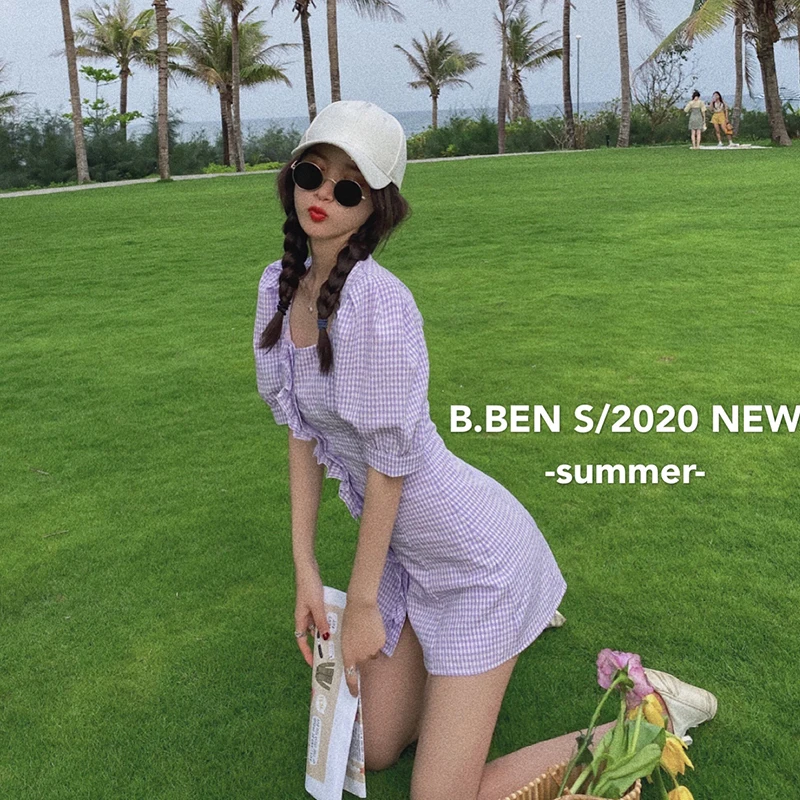 Женское платье с высокой талией фиолетовое повседневное облегающее мини пышными