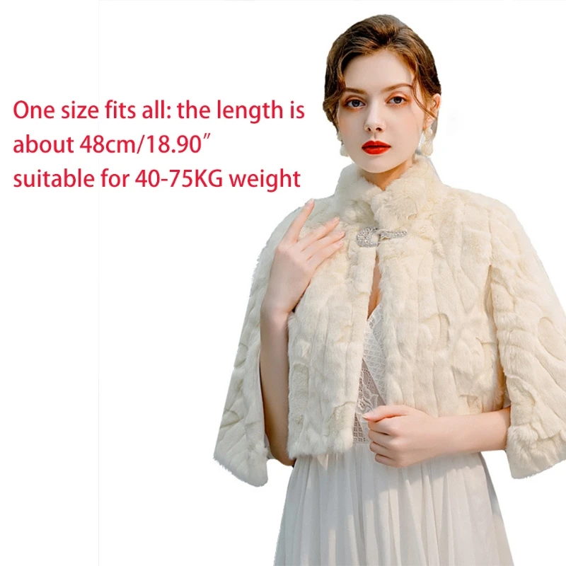 

Women Bride Wedding Fuzzy Cape Stole Wraps Fluffy Plush Shawl Scarf Warm Stand Collar Shrug with Rhinestone Buckle