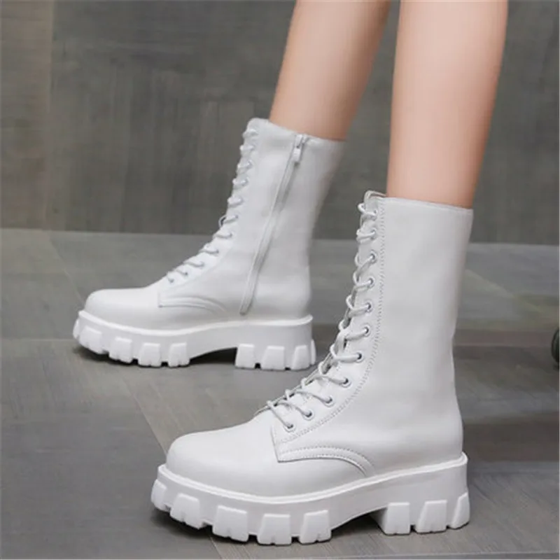 

Motorcycle Boots Women Shoes Winter Fashion Mid-Calf Boots Lace-Up Round Toe 5cm High Heels Solid Lady Shoes Female Pumps Black