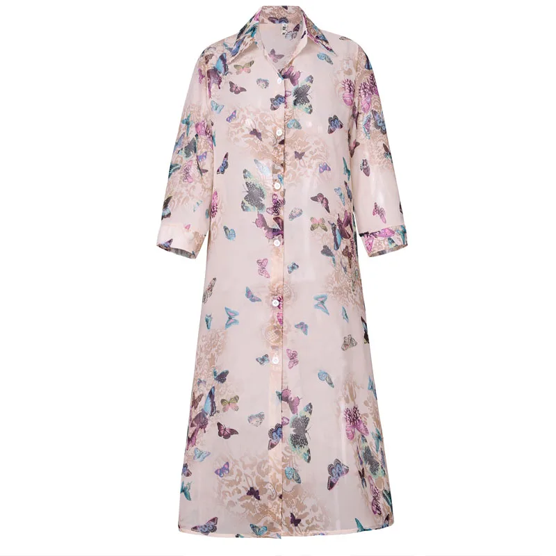 Женская шифоновая блузка с полурукавами Длинная тонкая цветочным принтом