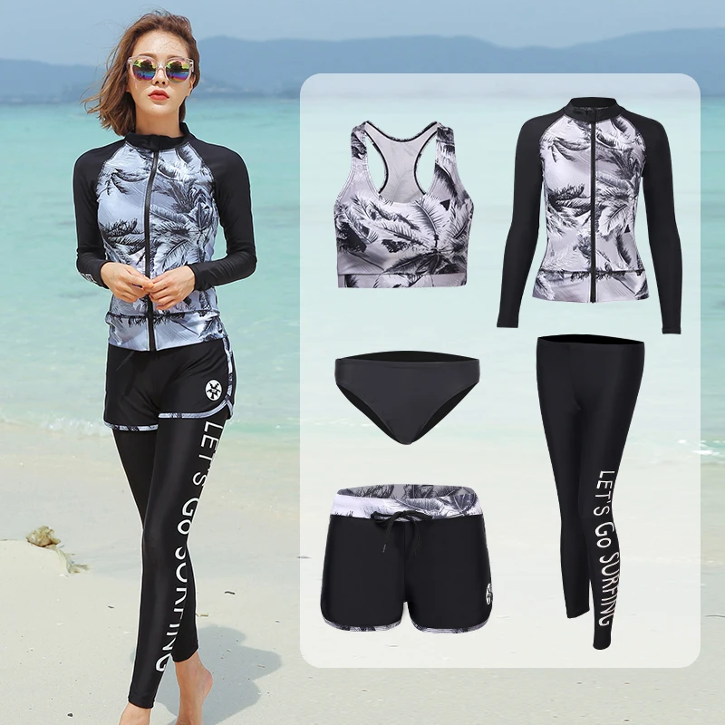 

Long Sleeve Rash Guard Women Printed 5 Pieces Swimsuit Swimwear Bathing Suit Surfing Paded Long Pant Couples Men Beach Zipper